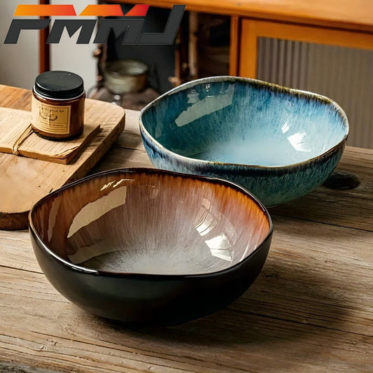 Irregular Deep Dish Ceramic Plate, Artisan Handcrafted Salad Soup Bowl Dish, Unique Edge Design, Tableware for Family Dining