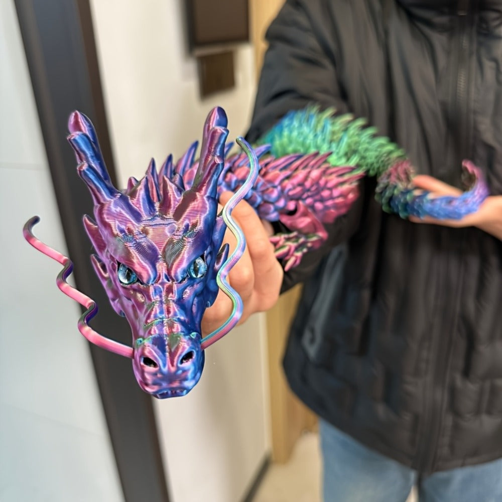 35.4-Inch Articulated Chinese Dragon Figurine with Movable Segments and Four Color Checkouts with Eyes