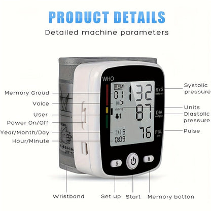 Blood Pressure Monitor for Wrist, Rechargeable LCD Device with Voice, 2 x 99 Memory and Portable Case
