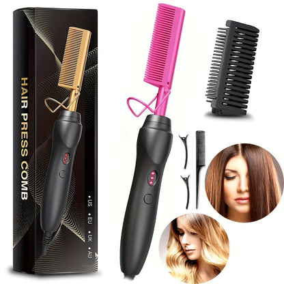 Electric Press-Comb Hair Straightener in Pink, Gold, Black, Gradient or Avocado Green with Corded Handle