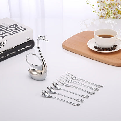 Swan Cutlery Rack Set 7pcs Stainless Steel Decorative Silverware Holder with 3 Forks for Entryways, Bedrooms and Living Spaces