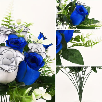 Artificial Cemetery Flowers for Grave with Saddle, Silk Rose Bouquet Headstone Decoration, Memorial Day Grave Flowers