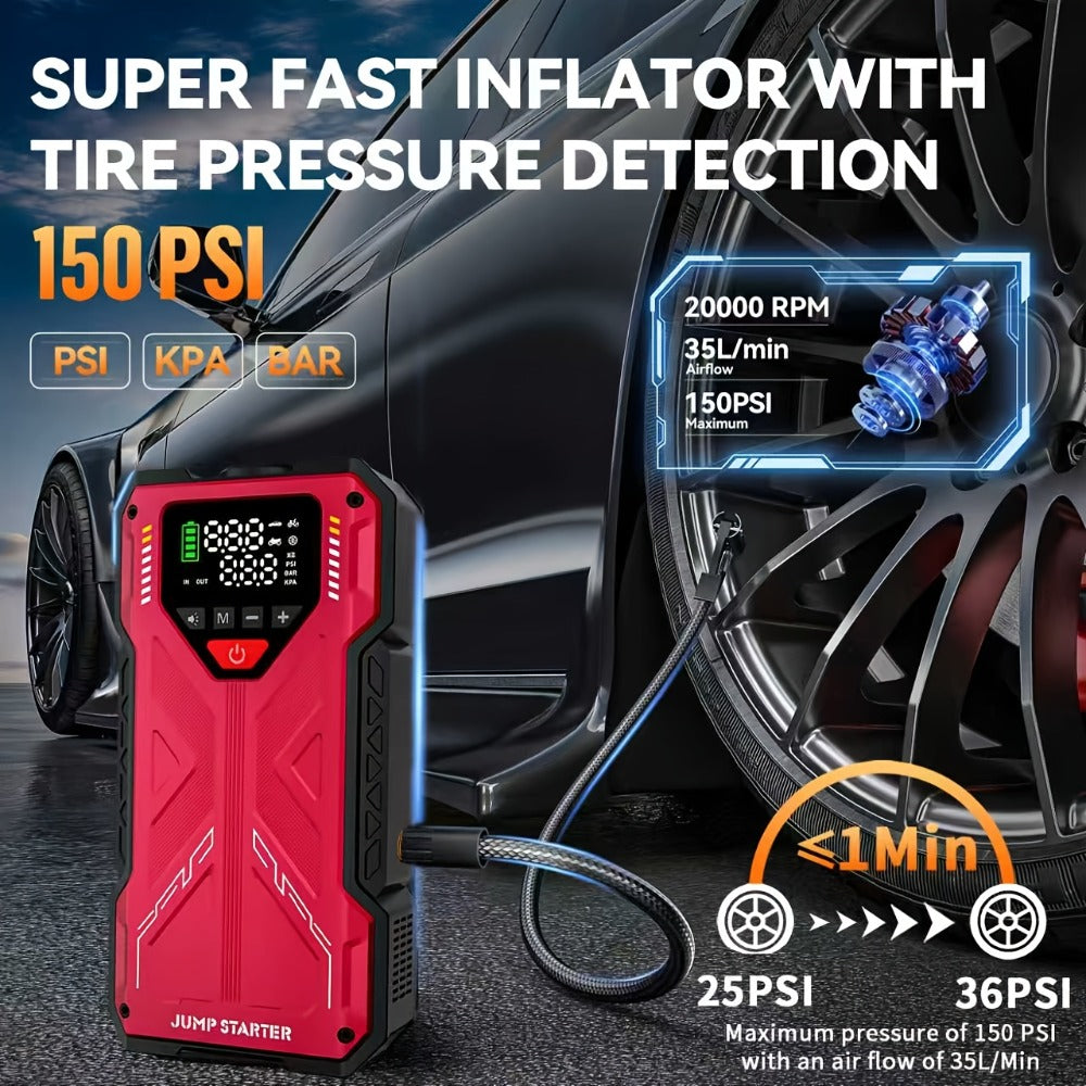 Jump Starter with Air Compressor 5000A/7000A Peak – 150PSI Digital Tire Inflator, Portable Battery Pack for 10L Gas & Diesel
