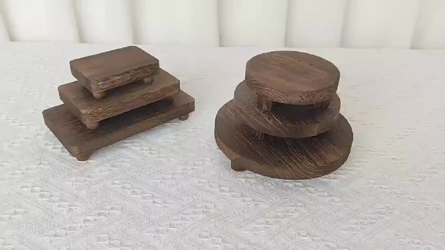 Wooden Display Risers Set of 3 – Rustic Farmhouse Cake Stand Pedestals for Kitchen Counter, Home Decor, Christmas & Holiday Table