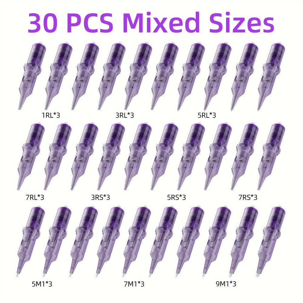 Tattoo Cartridge Needles 30 50pcs Purple RL RS RM M1 Mixed Sizes - Tuffking Disposable for Temporary Body Art, Festivals and Costumes