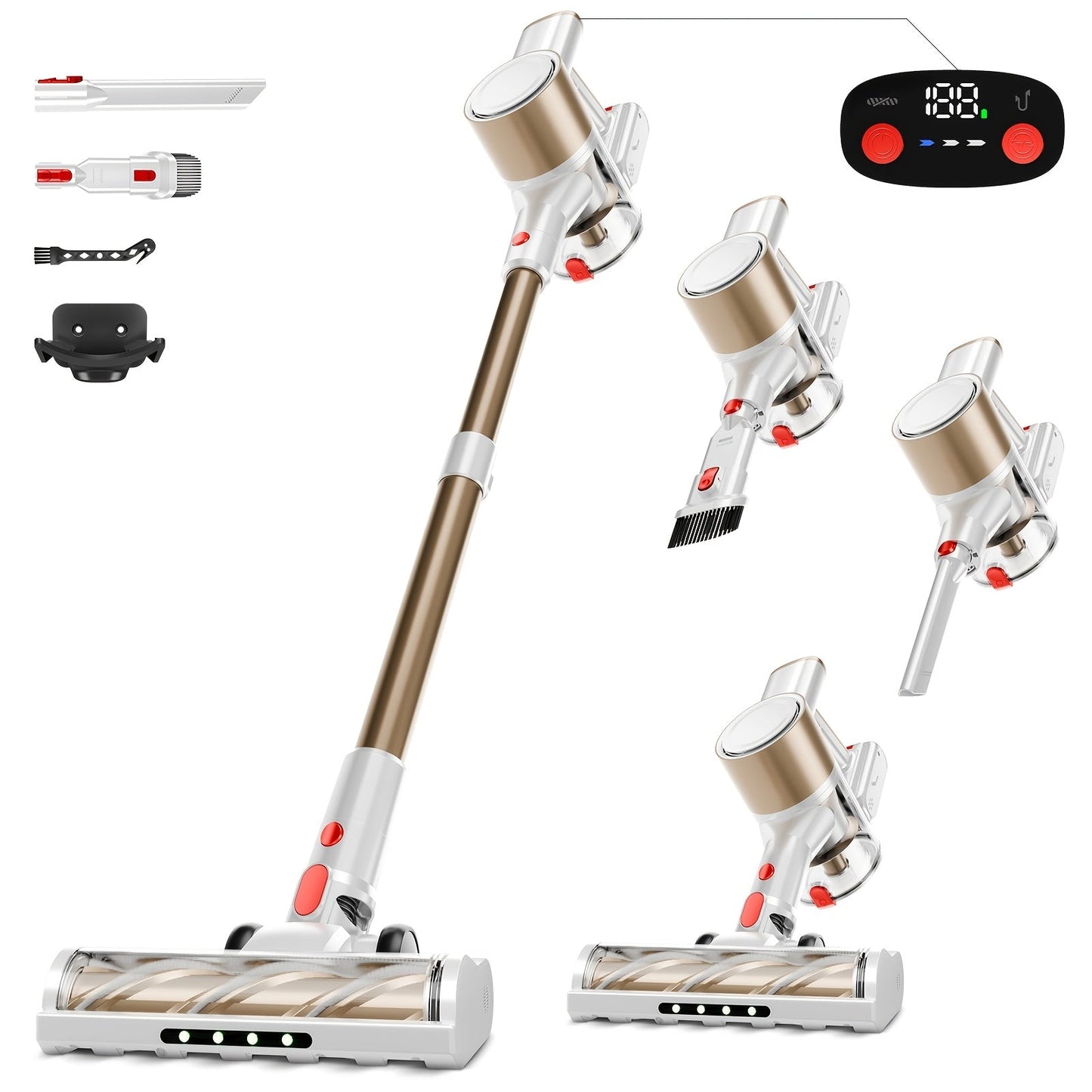 Cordless Three-Speed Stick Vacuum Cleaner with Detachable Battery, LED Floor Brush and Seven Colors