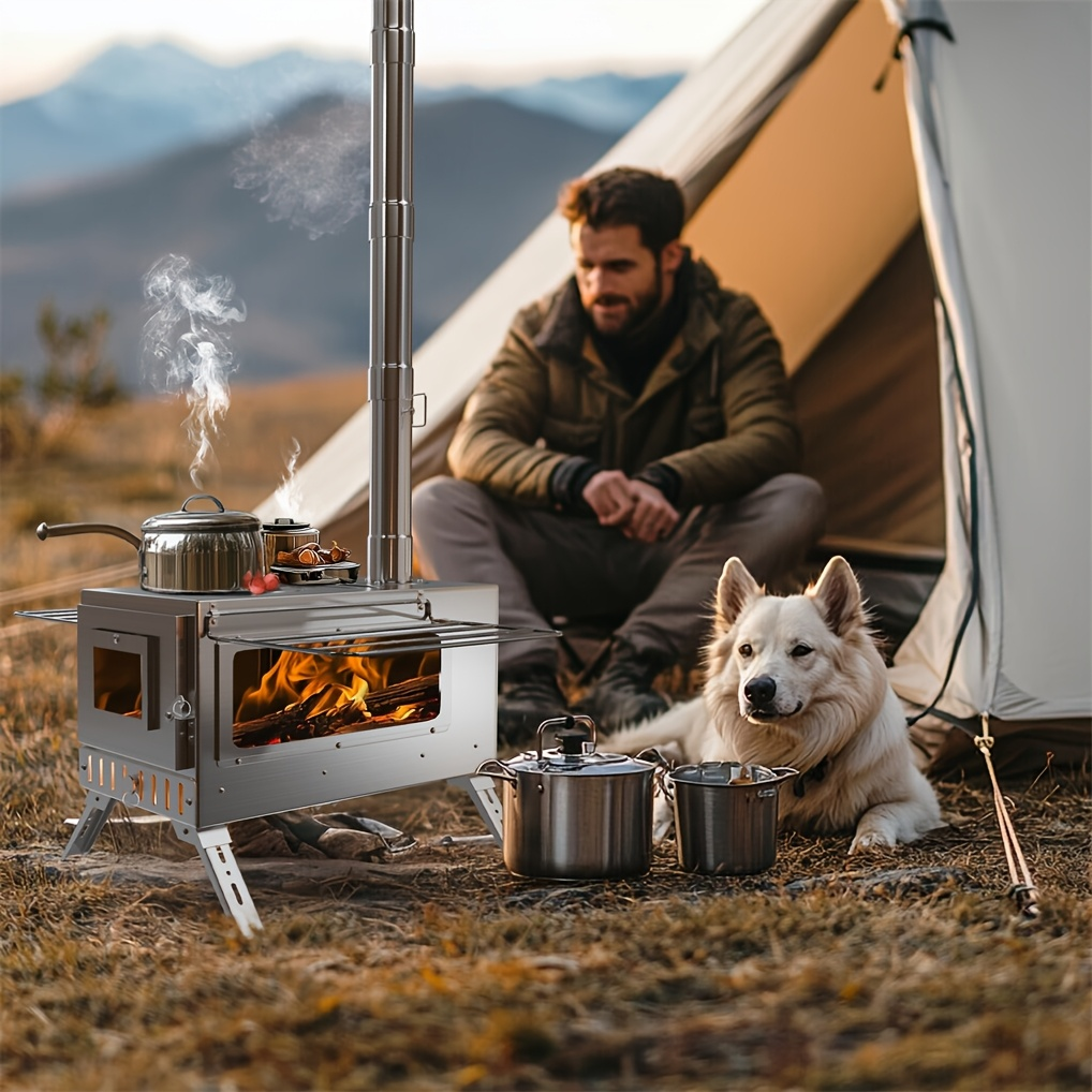 Wood Burning Stove Portable Camping Tent Stove with 7 Detachable Chimney Pipes, Stainless Steel, Adjustable Height