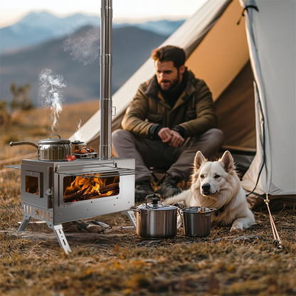 Wood Burning Stove Portable Camping Tent Stove with 7 Detachable Chimney Pipes, Stainless Steel, Adjustable Height