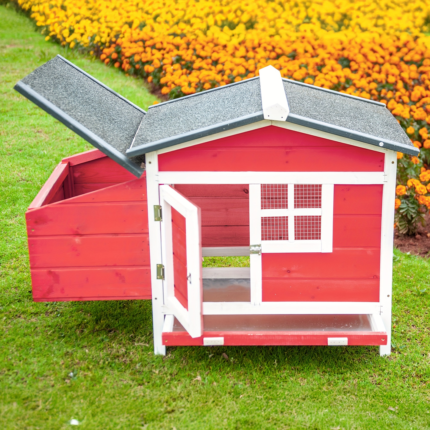 Hen House Outdoor Wooden Chicken Coop with Nesting Box Ramp Removable Tray Elevated Design Fir Wood for Garden, Patio and Yard Use