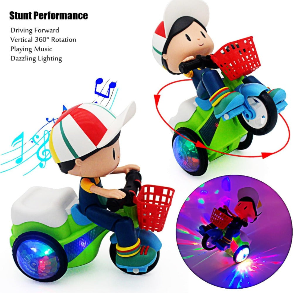Kids Electric Tricycle Toy Motorcycle with 360° Rotation & Luminous Lights, Push & Power Dual-Mode Stunt Vehicle for Toddlers Boys Girls