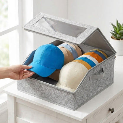 Baseball Cap Organizer for Closet, Large Hat Storage Box Holds 24 Ball Caps, Clear Window, Dustproof