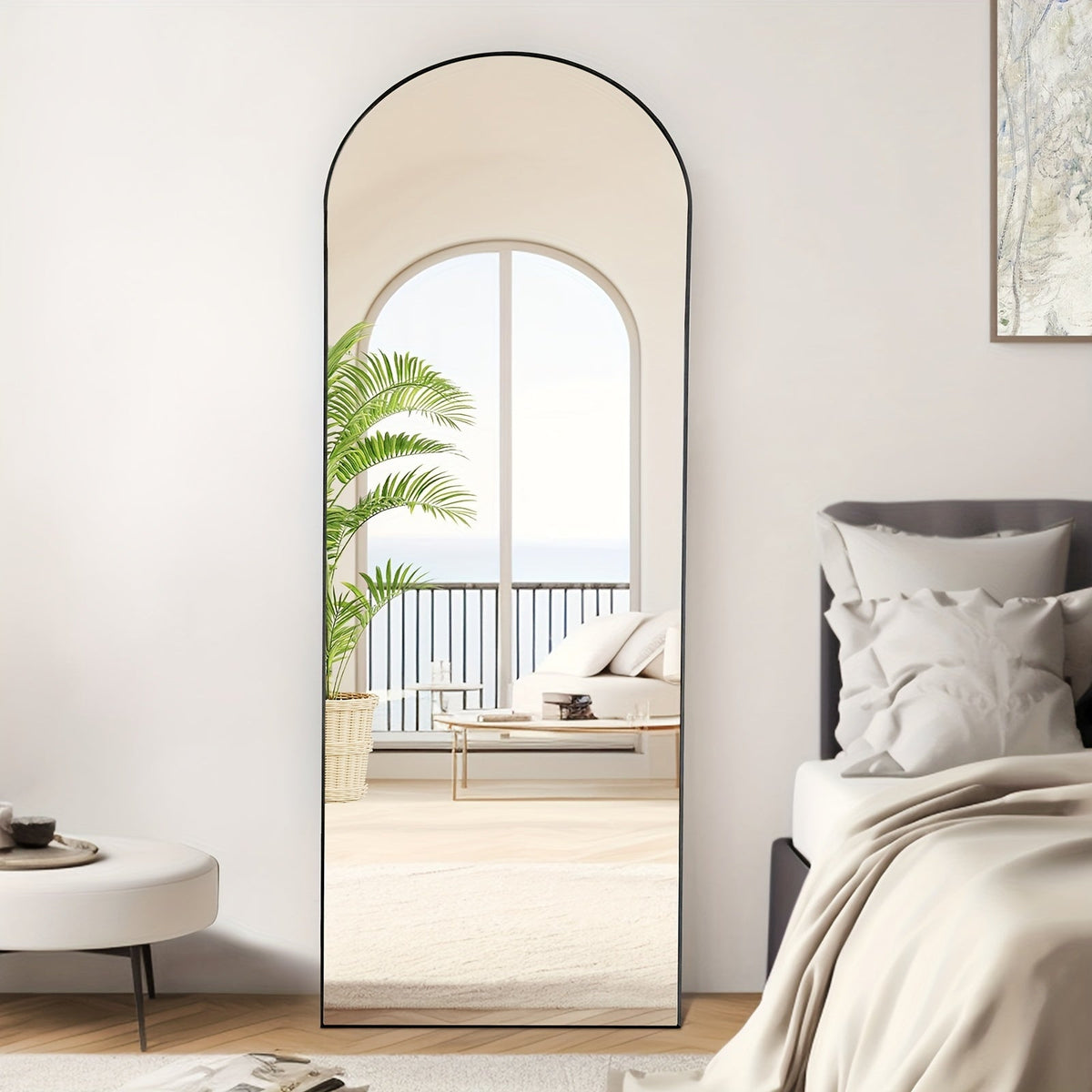 Full-Length Floor Mirror in 59 × 16 or 64 × 21 Inch Arched and Rectangular Black or Gold Frame Options