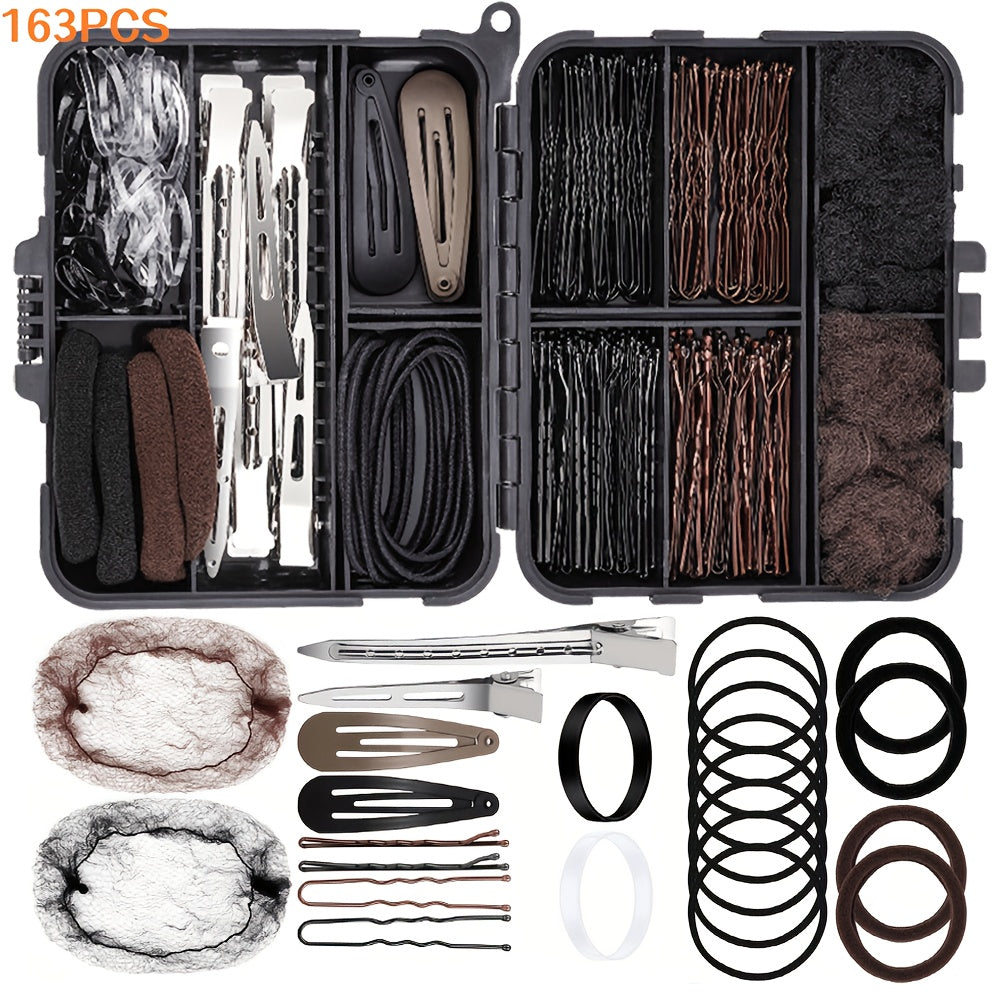 Hair Accessories 163-Piece Styling Set with Hair Ties, Nets, Bobby Pins and Snap Clips in Case