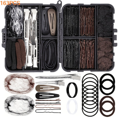 Hair Accessories 163-Piece Styling Set with Hair Ties, Nets, Bobby Pins and Snap Clips in Case