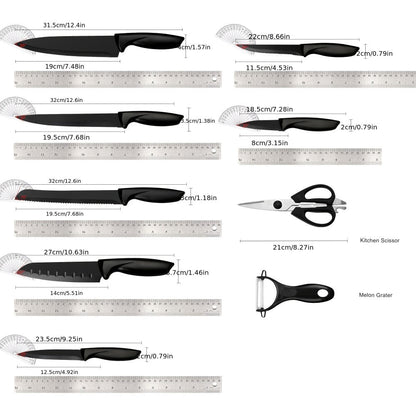 Kitchen Knife Set 15-Piece Hammered Stainless Steel with Steak Knives and Self-Sharpening Wood Block