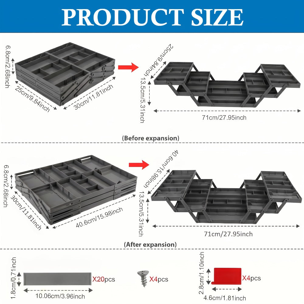 Two-Row Cantilever Drawer Organizer with Two- or Three-Layer Expandable Storage Configurations