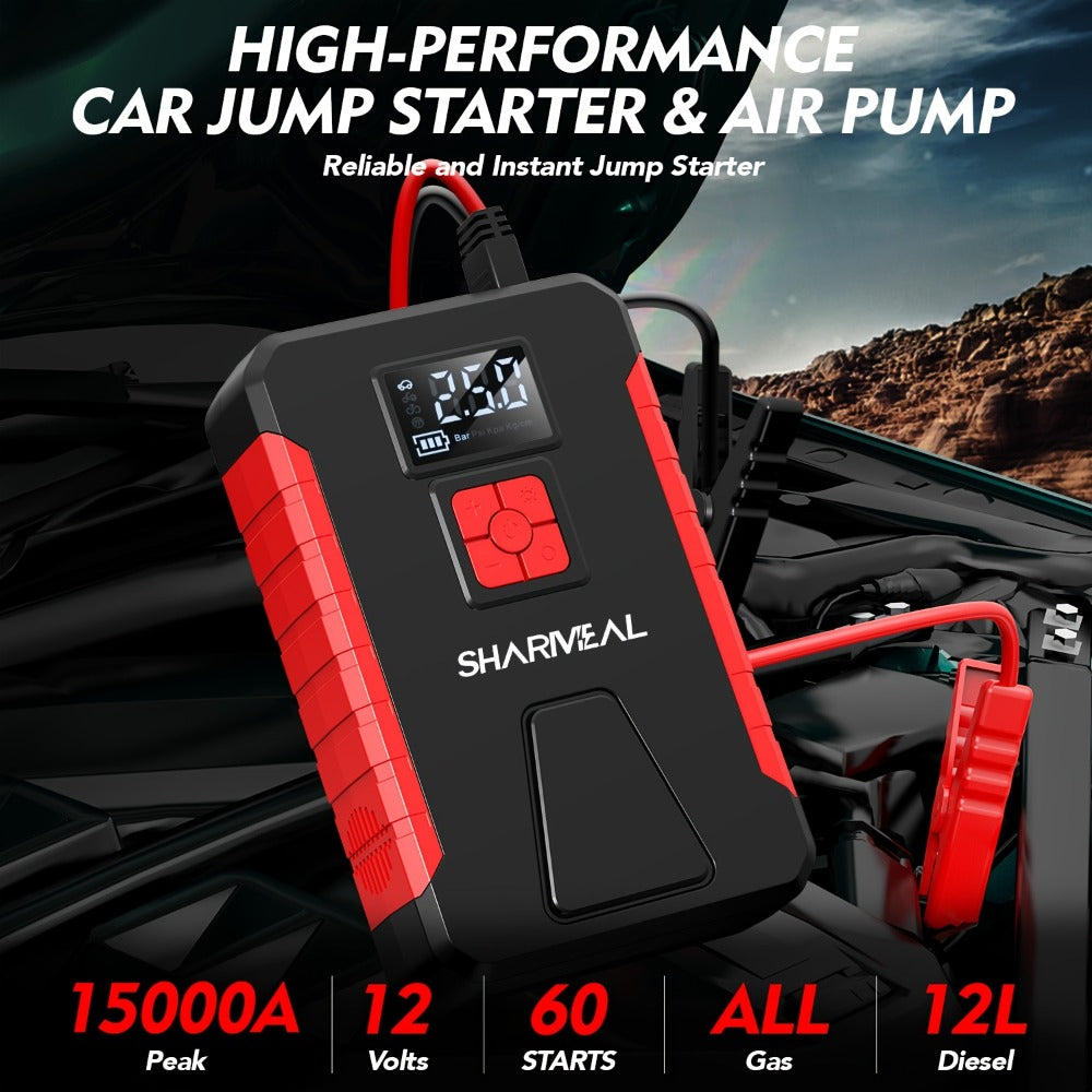 Portable Jump Starter with Air Compressor – 15000A-19000A Peak 350PSI 12V 17-in-1 Car Battery Jump Starter, Digital Display
