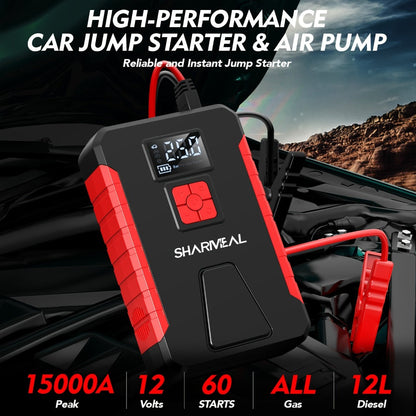 Portable Jump Starter with Air Compressor – 15000A-19000A Peak 350PSI 12V 17-in-1 Car Battery Jump Starter, Digital Display