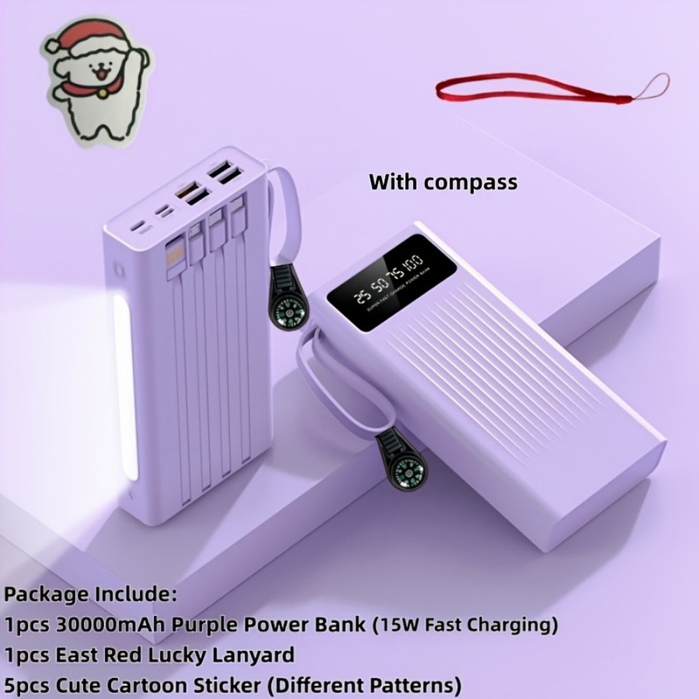Power Bank for Camping, 10000-30000mAh with 15W Charging, Four-in-One Cable and Four-Mode Camping Light