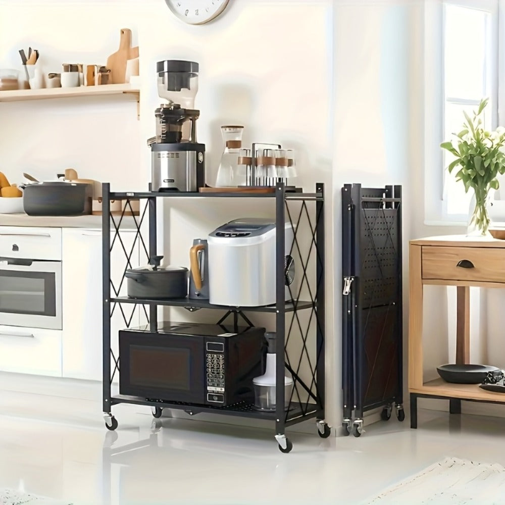 Heavy Duty Storage Rack with Wheels 3-Layer Foldable Metal Shelving Unit 750 LBS Capacity, Rolling Utility Cart for Garage Kitchen Pantry