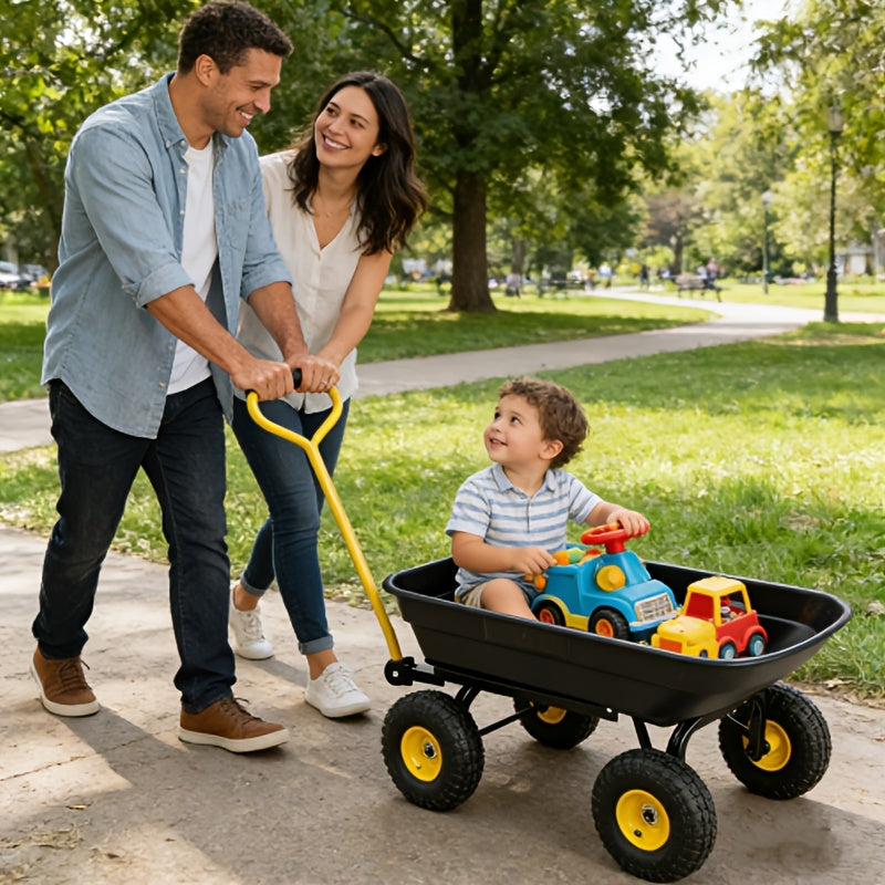 Garden Dump Cart 4-Wheel Steel Frame Poly Bed Quick-Release Dump Feature Foldable D-Handle Yard Wagon for Landscaping Lawn