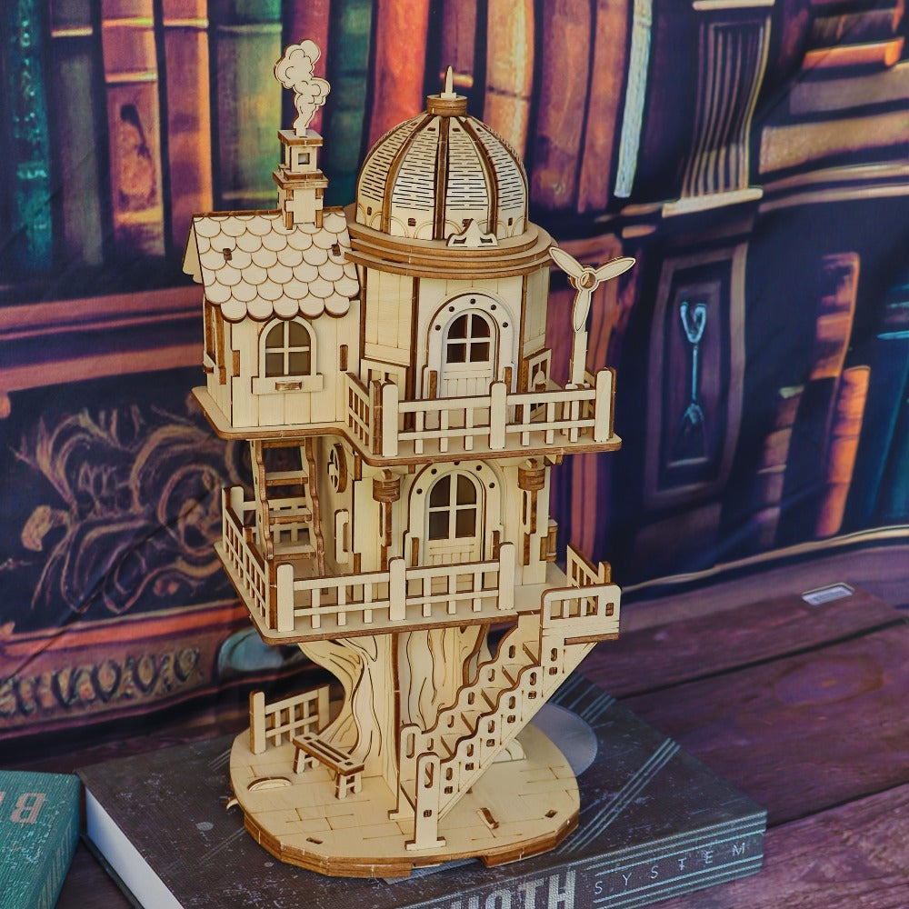 Wooden Building Model Kit with Fisherman's Hut, Treehouse-2 or Cowboy Bar Checkout Designs