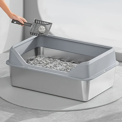 Steel Cat Litter Box with High-Wall Surround, Front Step and Scoop in XL or XXL, Khaki, Gray or Black