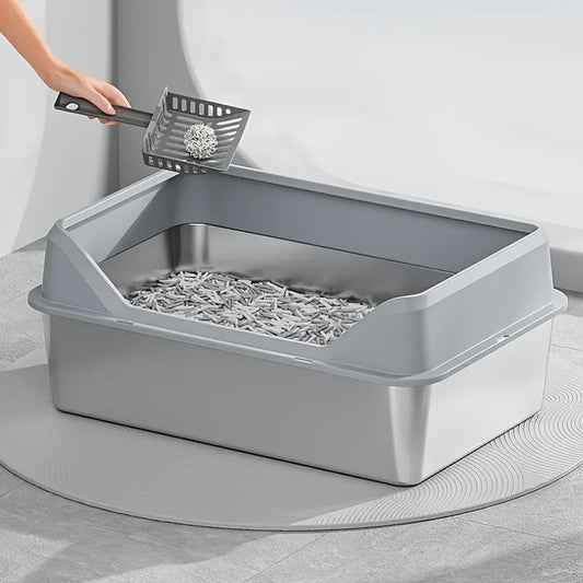 Steel Cat Litter Box with High-Wall Surround, Front Step and Scoop in XL or XXL, Khaki, Gray or Black