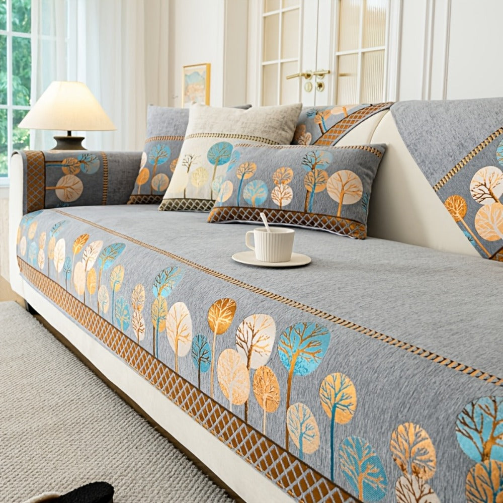 Sofa Cover, Geometric Embroidered Knit Couch Pad in Gray, Blue or White with Three Size Options