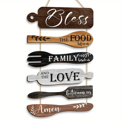 Farmhouse Wall Decor Wood Sign Set – "Bless The Food Before Us" Rustic Kitchen Dining Room Hanging Plaque