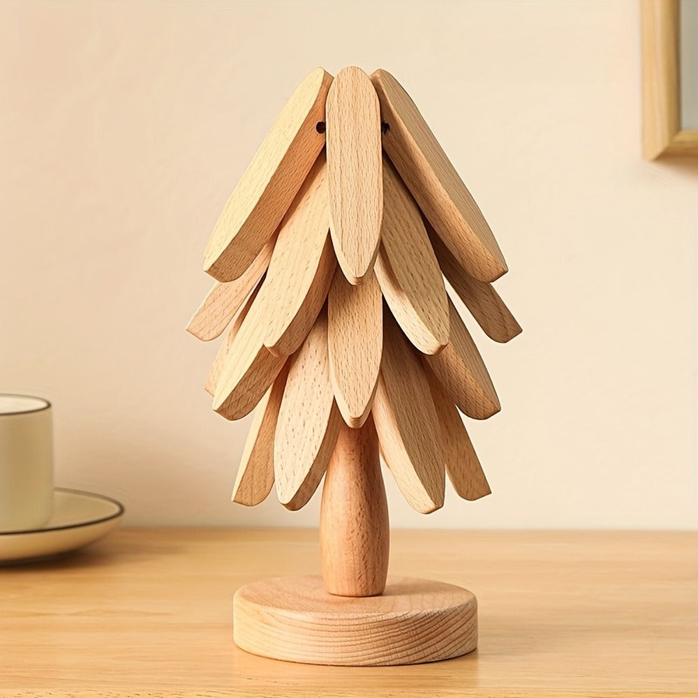 Solid Wood Trivet Mat Set 6pcs with Storage Rack, Heat-Resistant Tree-Shaped Coasters for Home Cooking, Dining and Outdoor Meals