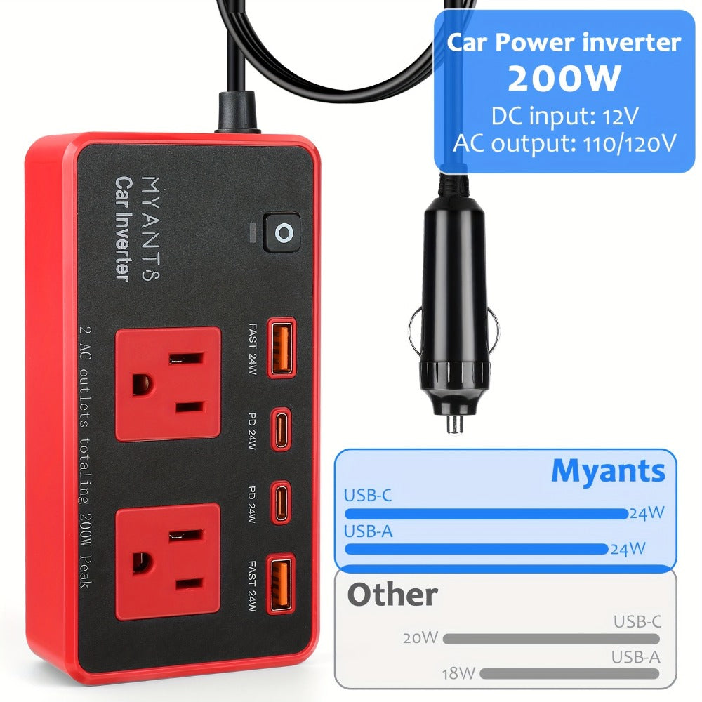 Car Power Inverter 200W – 12V DC to 110V AC, 4 USB Ports (PD & QC 3.0), Fast Charging Car Outlet Adapter for Road Trips