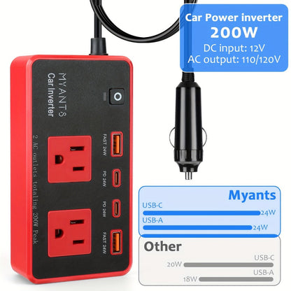Car Power Inverter 200W – 12V DC to 110V AC, 4 USB Ports (PD & QC 3.0), Fast Charging Car Outlet Adapter for Road Trips