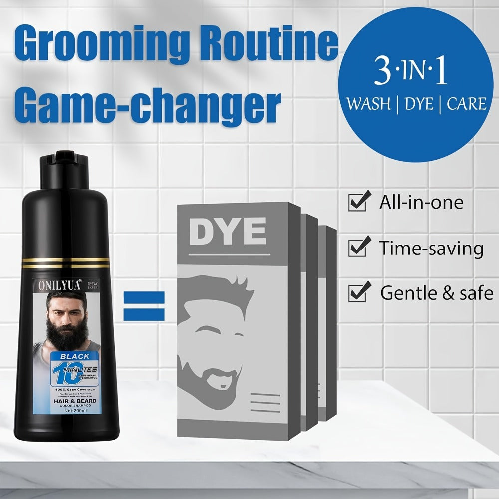 Beard Dye Shampoo for Men 2-in-1 Hair & Beard Grey Coverage Argan Oil No-Mix Formula for Bath Time, Home Spa and Personal Care