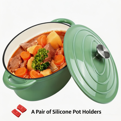 3.5L Enameled Cast Iron Dutch Oven with Oval Body, Fitted Lid, Handle Covers and Five Colors