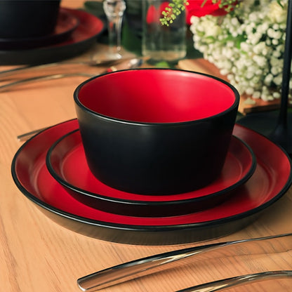 Dinnerware Set Options for Four with Round Plates, Bowls and Cups in Black, Red, Blue, Green or Floral Designs