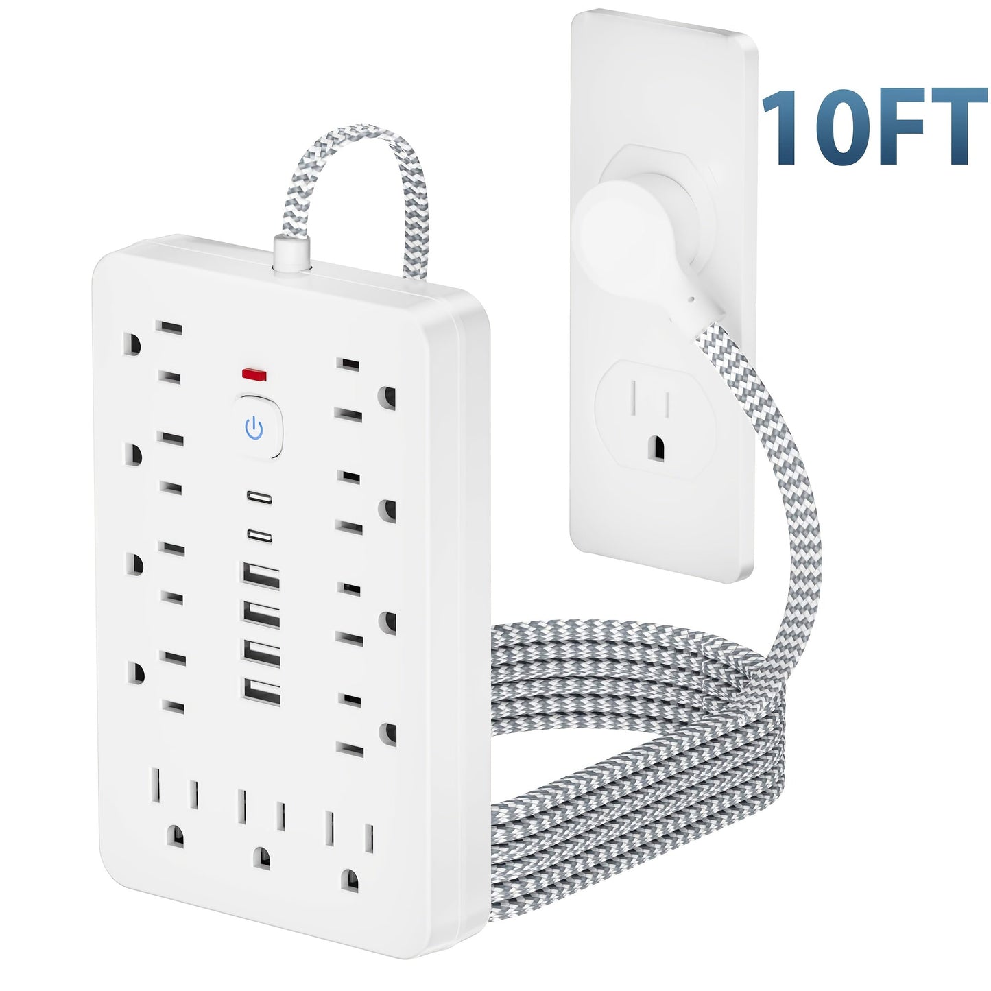 Power Strip with 11 AC Outlets, 4 USB-A, 2 USB-C and Short, 5-Foot or 10-Foot Standard or Braided Cord
