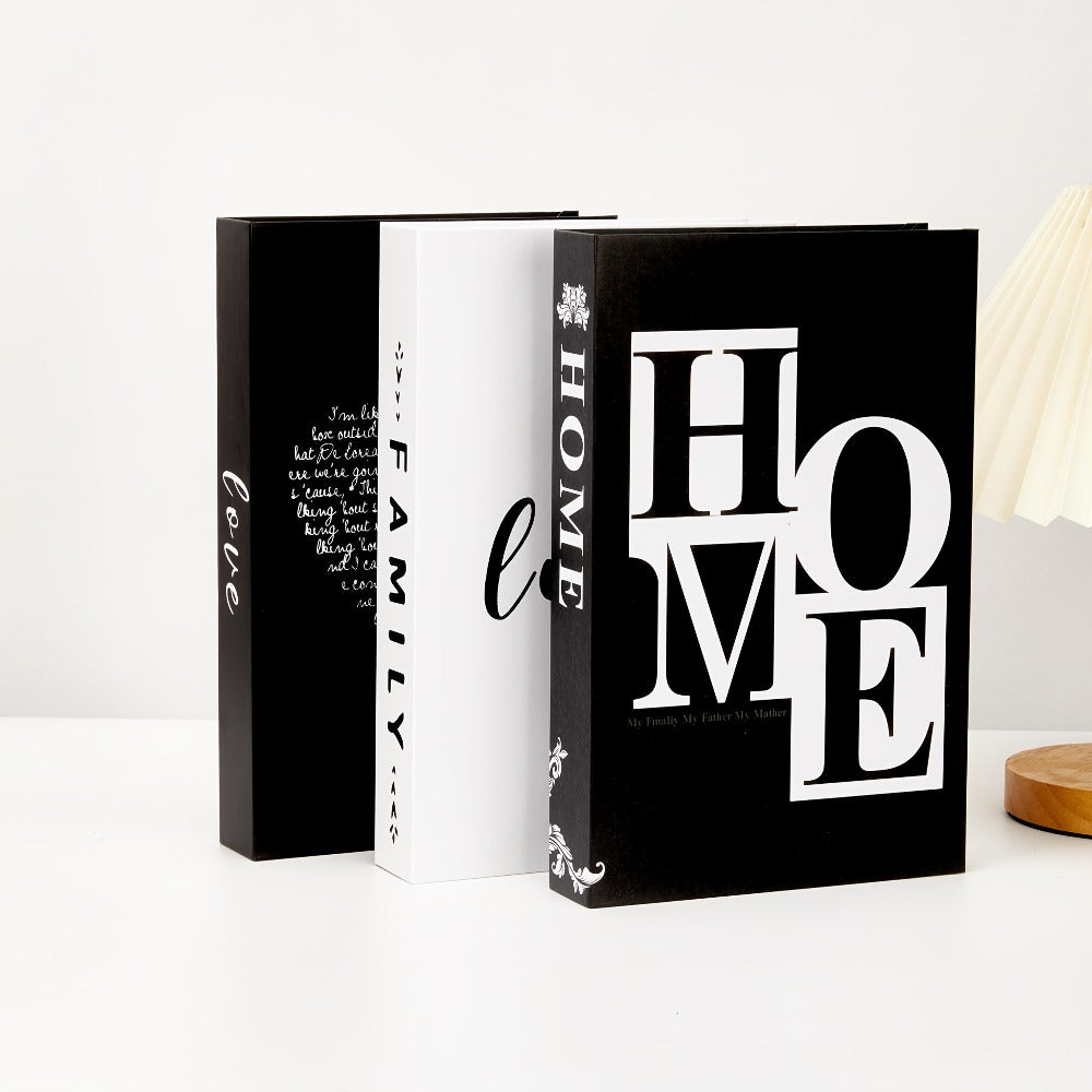 Decorative Book Set 3pcs Fake Books with HOME FAMILY LOVE Design – Elegant Black Minimalist Faux Books for Shelf Decor Living Room Coffee
