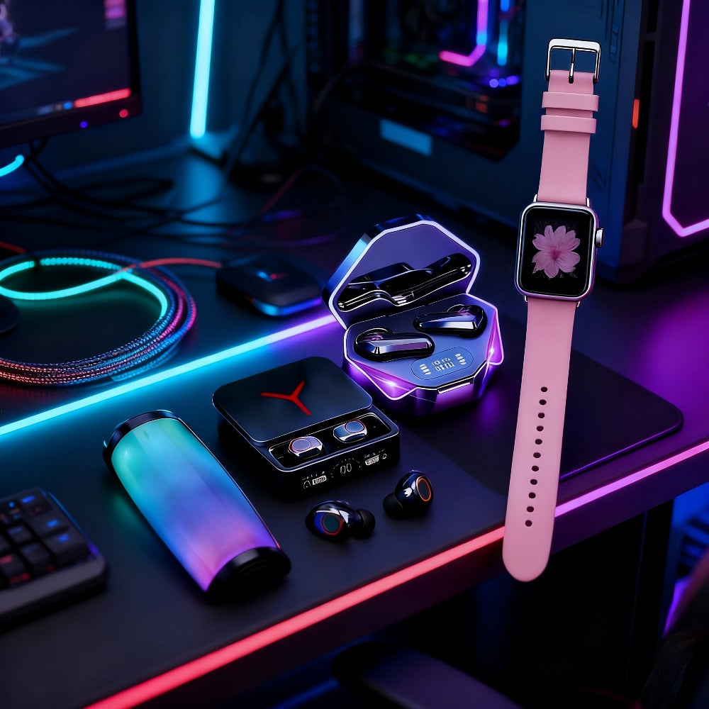 Gaming Headset Bundle Set Glowing LED Headphones Bluetooth Speaker Wireless Earbuds Surround for an Everyday Personal Care Routine