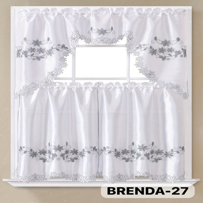 Kitchen Curtains 3 Piece Set Embroidered Satin Valance and Tiers – Rod Pocket Light Filtering Machine Washable 46 Colors