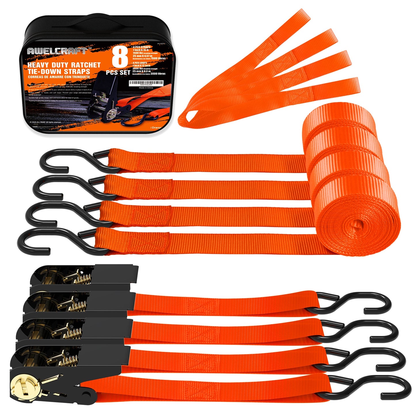Ratchet Tie Down Straps 4-Pack 15FT 1, 500 lb Break Strength Heavy Duty with Soft Loops & Storage Bag – High-Visibility Webbing