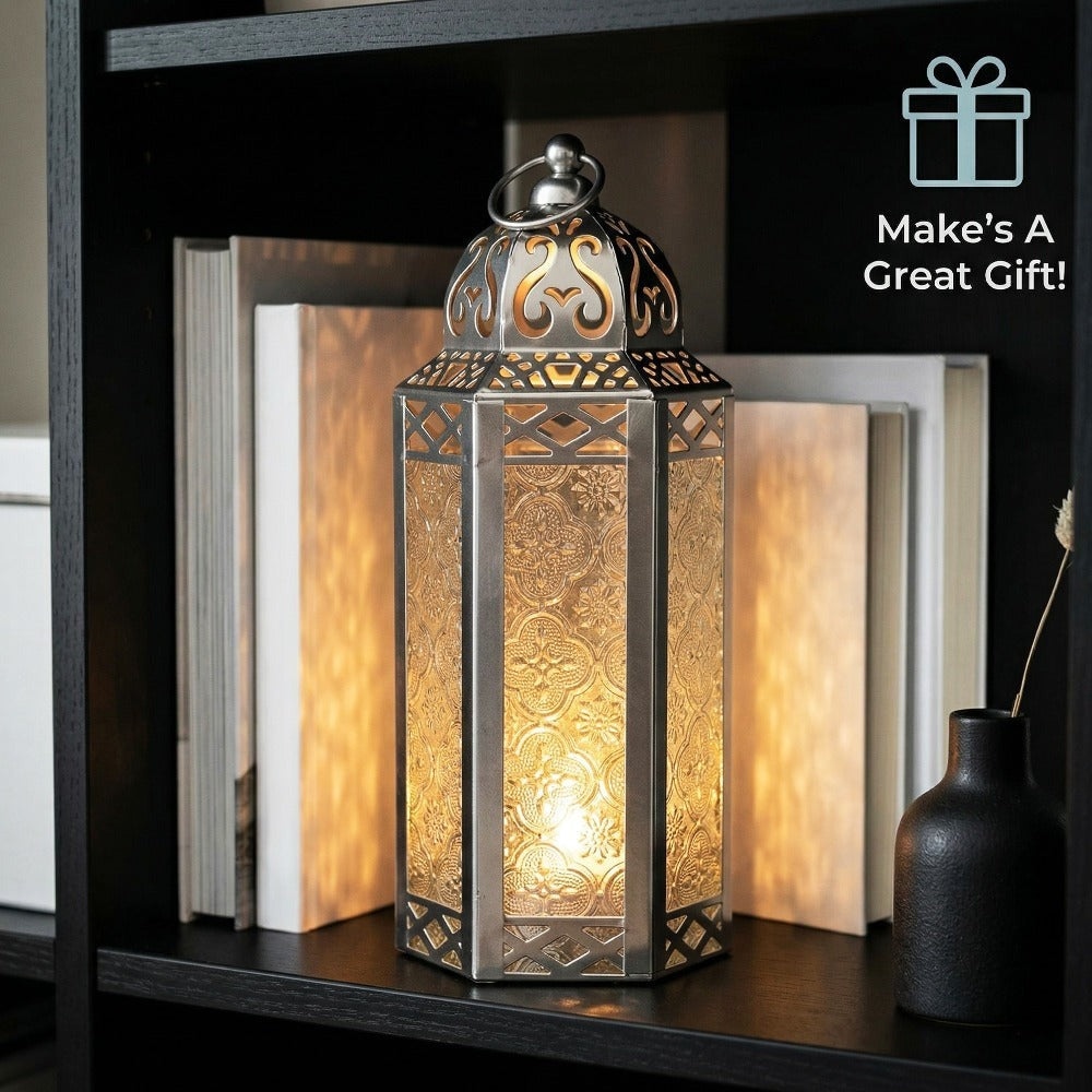Moroccan Candle Lantern Holder - Decorative Metal & Glass Lantern with Embossed Floral Design for Indoor Home Decor