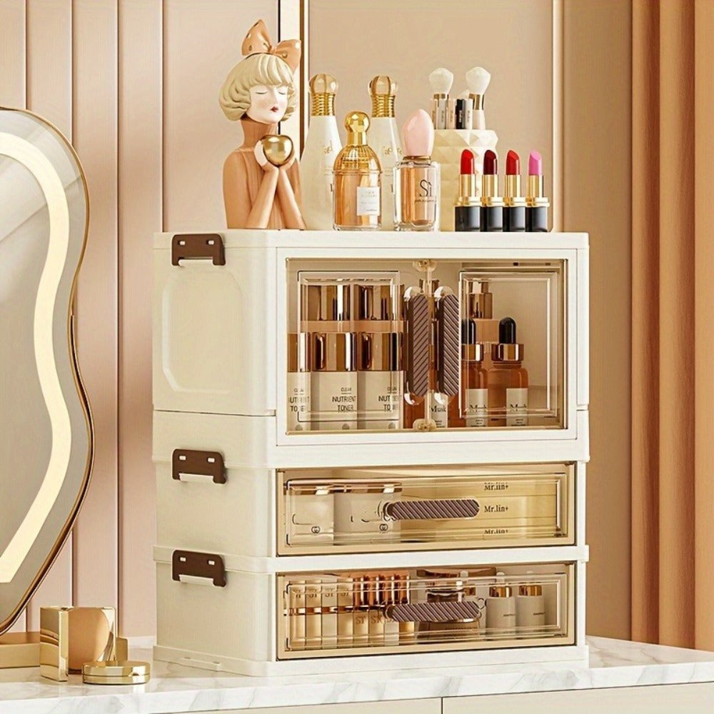 Modular Makeup Storage Cabinet with One or Two Doors, Two Transparent Drawers and White-Gold Trim