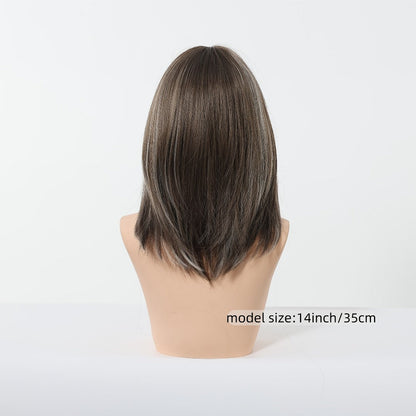 Synthetic Wig 14-Inch Layered Brown Highlight Ombre with Bangs and Rose Net Cap with Item-Specific Color, Length, Texture and Cap Choices