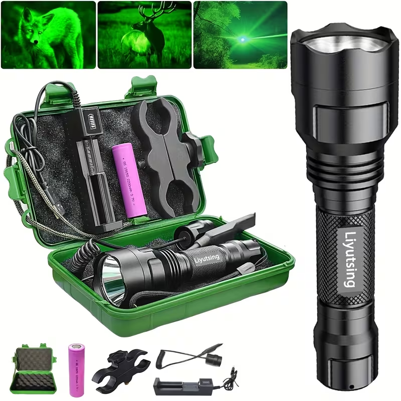 Flashlight Red, Green or White Hunting Light with Remote Switch, 18650 Battery and Mount Options