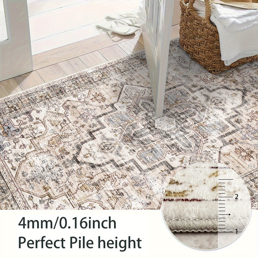 Area Rug Bohemian Retro Design in Beige or Grey with Six Foldable Machine-Washable Room Sizes