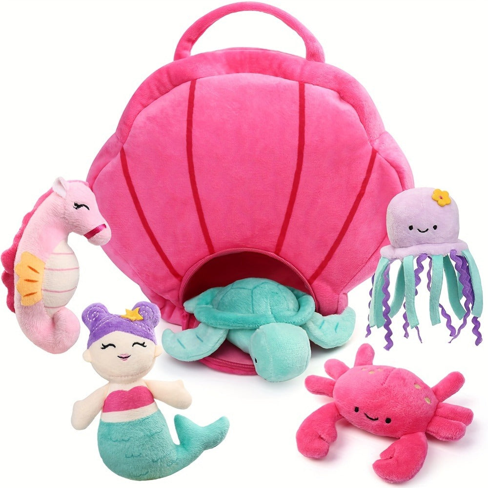 Plush Toy Five-Piece Ocean Creature Set with Mermaid, Sea Animals and Pink Shell Carry Bag