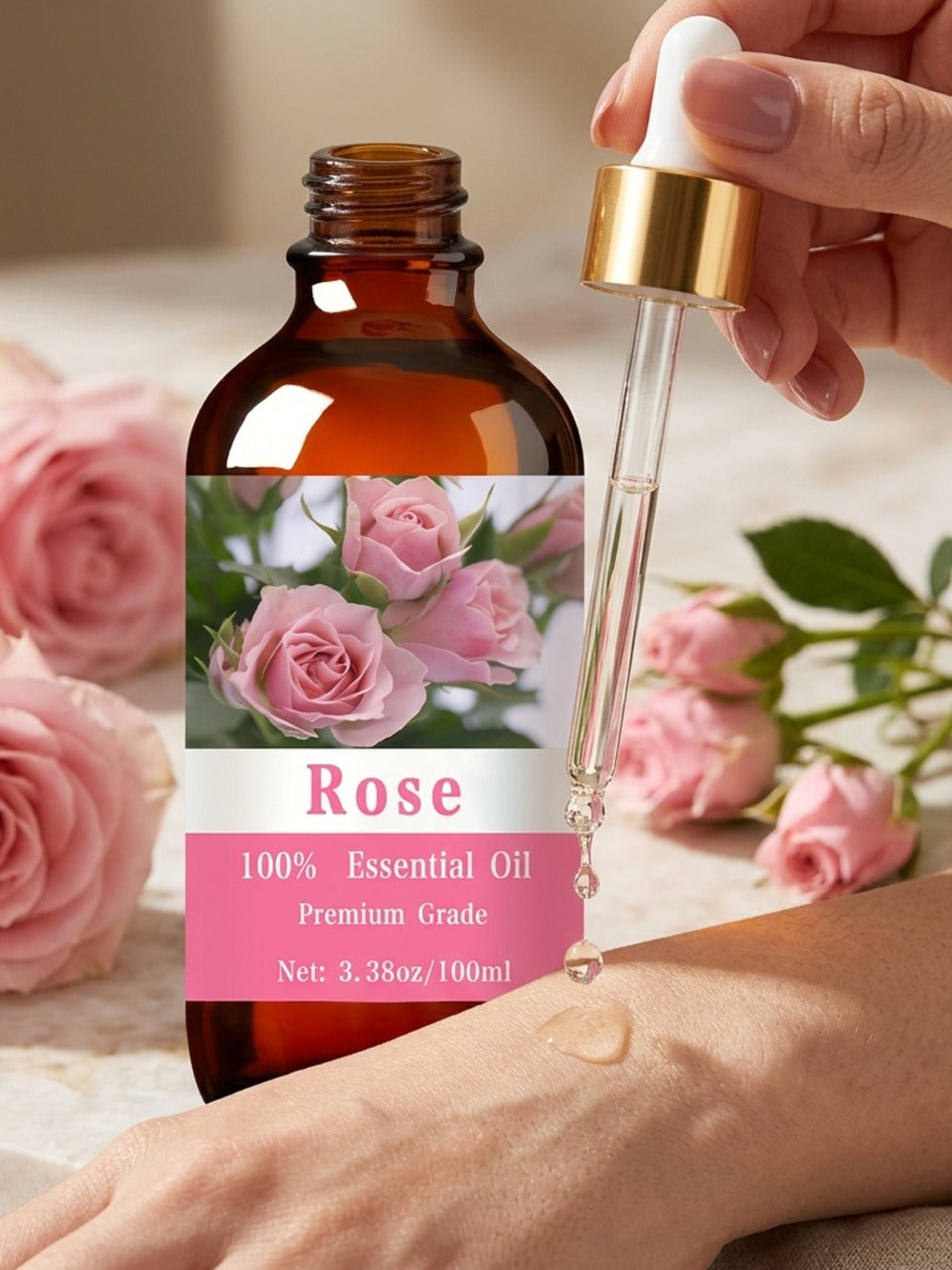 Essential Oil Rose 100ml Dropper Bottle with Floral Scent for Diffuser, Massage, Hair and Body Care