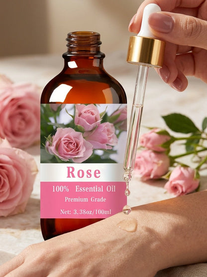 Essential Oil Rose 100ml Dropper Bottle with Floral Scent for Diffuser, Massage, Hair and Body Care