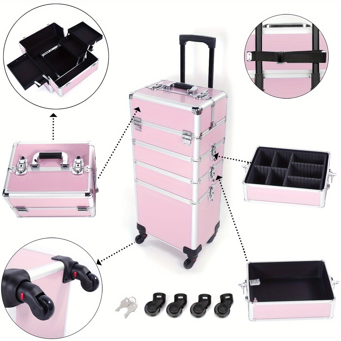 Rolling Makeup Case Aluminum 4-in-1 Extra Large Professional Cosmetic Trolley with 360° Swivel Wheels for Makeup Artist Tattoo Artist Salon